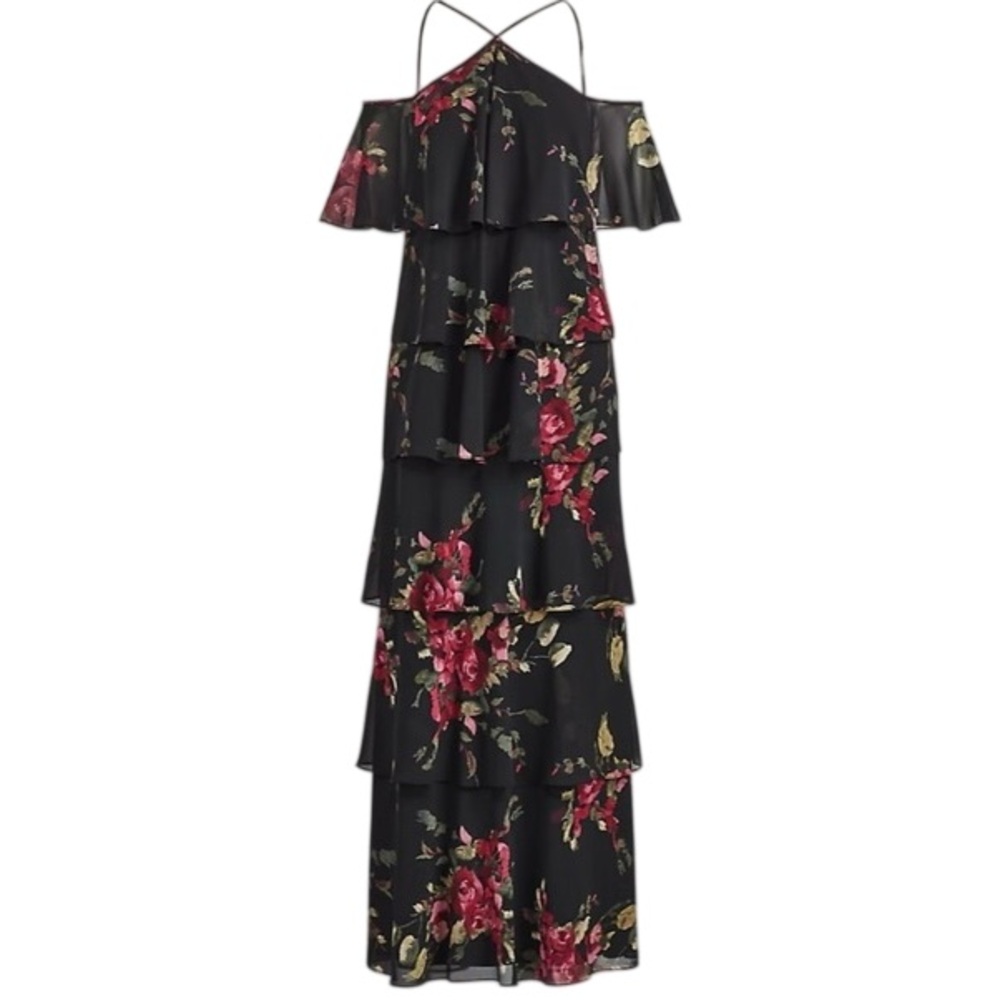 Ralph Lauren Tiered-Cold Shoulder Black Floral Formal Dress size 2